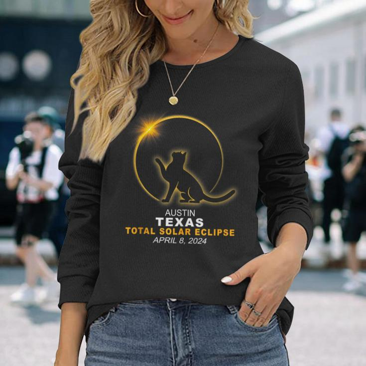 Austin Texas Cat Total Solar Eclipse 2024 Long Sleeve T-Shirt Gifts for Her
