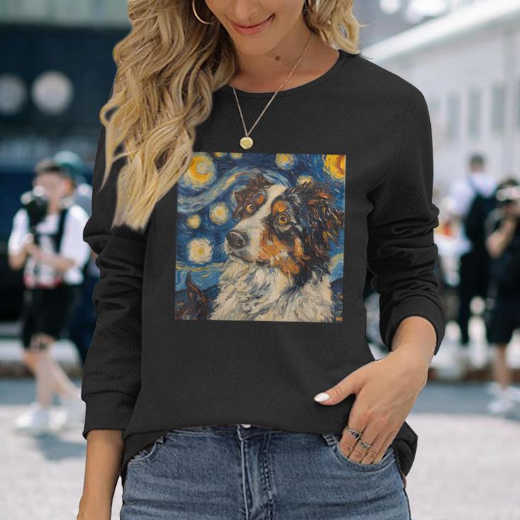 Australian Shepherd Dog Van Gogh Style Starry Night Long Sleeve T-Shirt Gifts for Her