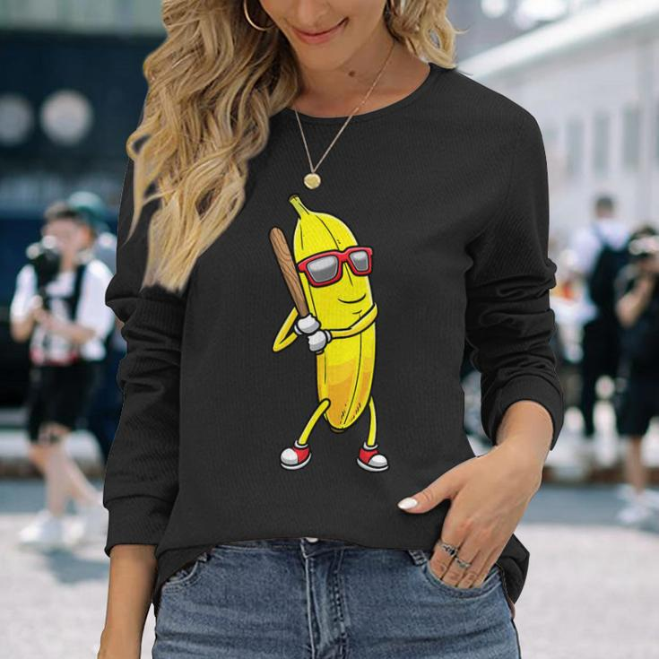 Banana Playing Baseball Fruit Lover Baseball Player Long Sleeve T-Shirt Gifts for Her