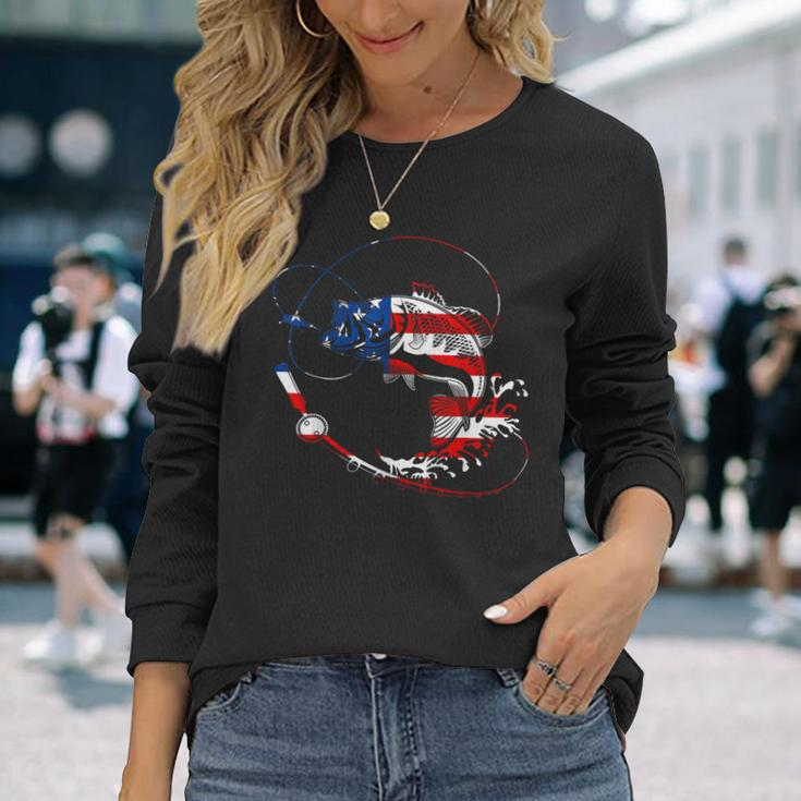 Bass Fishing Fish American Flag Patriotic Fourth Of July Long Sleeve T-Shirt Gifts for Her
