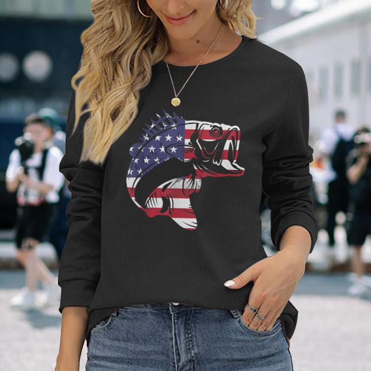 Bass Fishing Usa American Flag 4Th Of July Fisherman Long Sleeve T-Shirt Gifts for Her