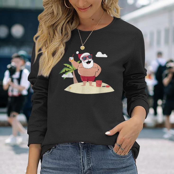 Beach Santa Tropical Christmas Palm Trees & Drinks Long Sleeve T-Shirt Gifts for Her