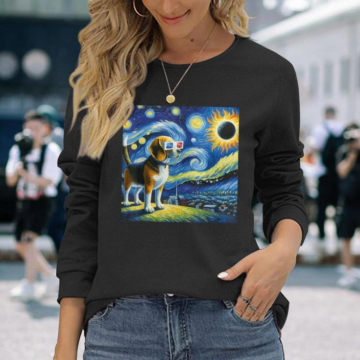 Beagle Dog Solar Eclipse Glasses 2024 Van Gogh Starry Night Long Sleeve T-Shirt Gifts for Her