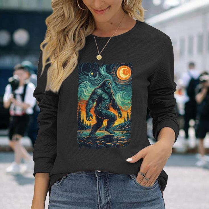Bigfoot Starry Night Sasquatch Van Gogh Sky Painting Long Sleeve T-Shirt Gifts for Her