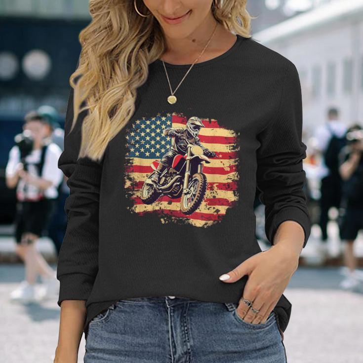 Bike American Vintage Usa Flag Motocross Biker 4Th Of July Long Sleeve T-Shirt Gifts for Her