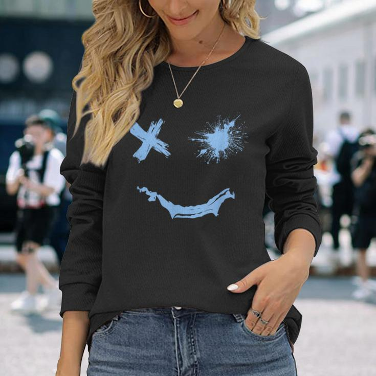 Blue Grunge Smile Blue Color Graphic Long Sleeve T-Shirt Gifts for Her