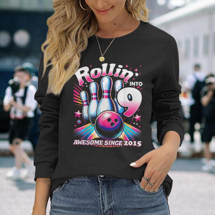 Bowling Party Rollin' 9 Awesome 2015 9Th Birthday Girls Long Sleeve T-Shirt Gifts for Her