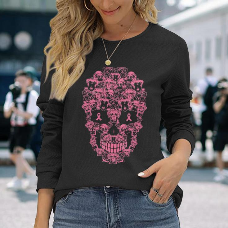 Boxer Dog Sugar Skull Pink Ribbon Breast Cancer Long Sleeve T-Shirt Gifts for Her