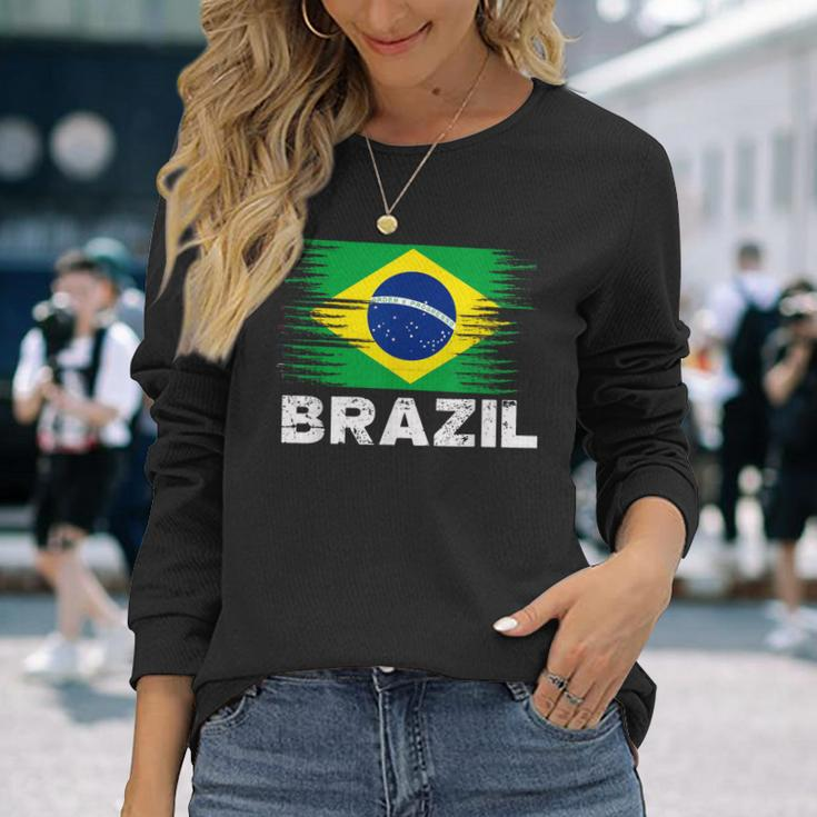 Brazil Brazilian Flag Sports Soccer Football Long Sleeve T-Shirt Gifts for Her