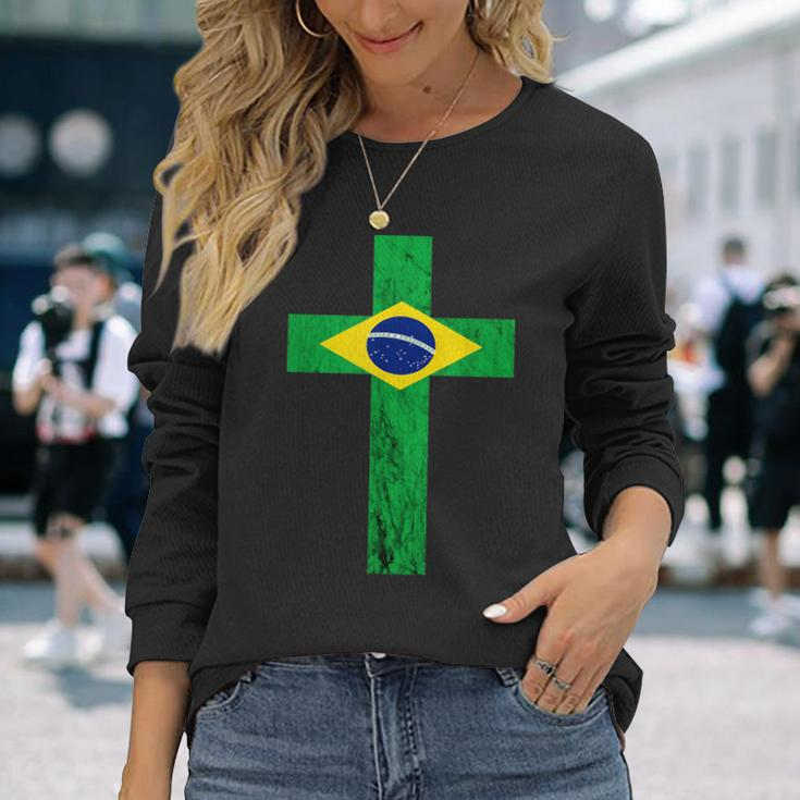 Brazil Jesus Cross Brazilian Faith Brasileiro Christian Long Sleeve T-Shirt Gifts for Her