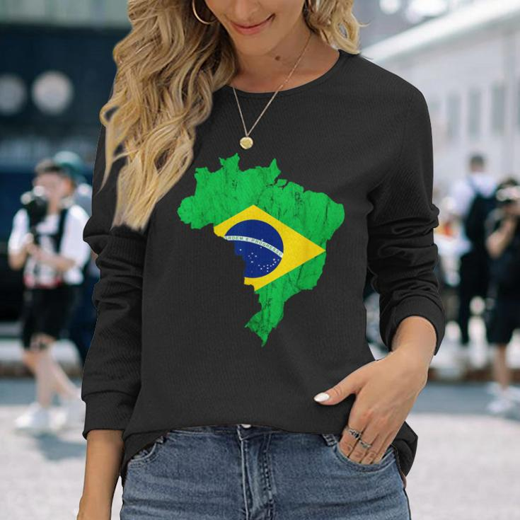 Brazil Map Brazilian Flag Trip Brasileiro Bandeiro Do Brasil Long Sleeve T-Shirt Gifts for Her