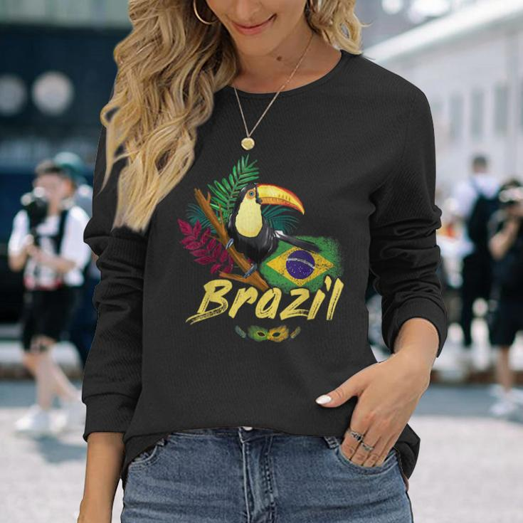 Brazil Vintage Toucan With Flag And Samba Mask Langarmshirts Geschenke für Sie