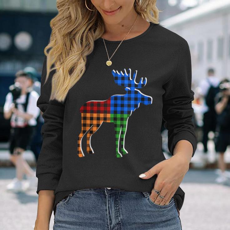 Buffalo Plaid Standing Moose Silhouette Colorful Moose Lover Long Sleeve T-Shirt Gifts for Her