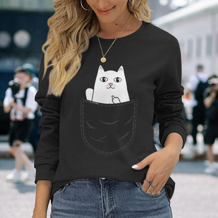 Cat Middle Finger Pocket Cat Gray Langarmshirts Geschenke für Sie