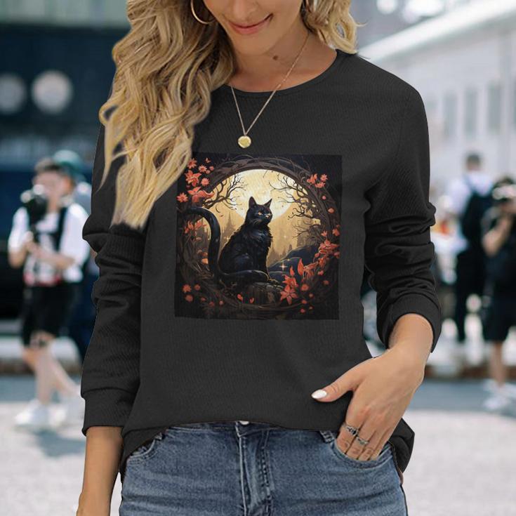 Cat Moon Flowers Graphic Long Sleeve T-Shirt Gifts for Her