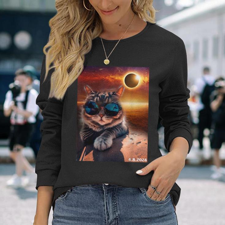 Cat Taking A Selfie With Solar Eclipse 2024 Wearing Glasses Long Sleeve T-Shirt Gifts for Her