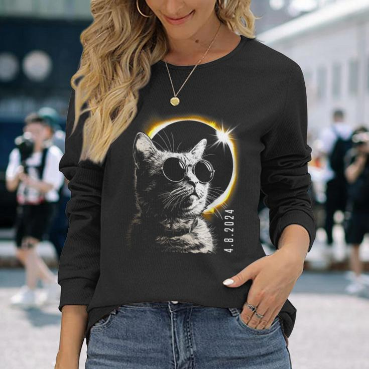 Cat Total Solar Eclipse 2024 Glasses April 8 Women Long Sleeve T-Shirt Gifts for Her