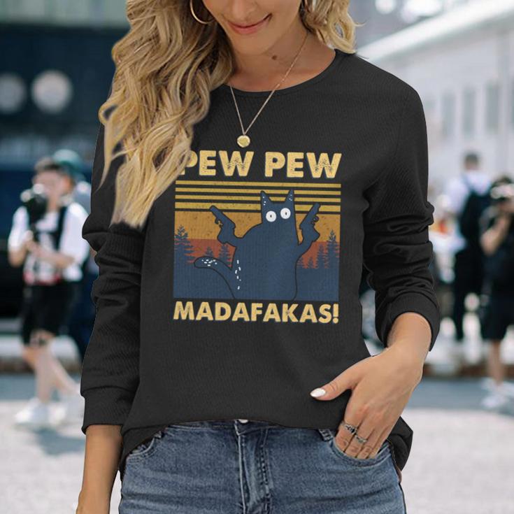 Cat Vintage Pew Pew Pew Madafakas Cat Crazy Pew Vintage Long Sleeve T-Shirt Gifts for Her