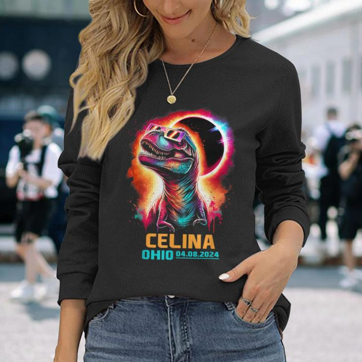 Celina Ohio Total Solar Eclipse 2024Rex Dinosaur Colorful Long Sleeve T-Shirt Gifts for Her