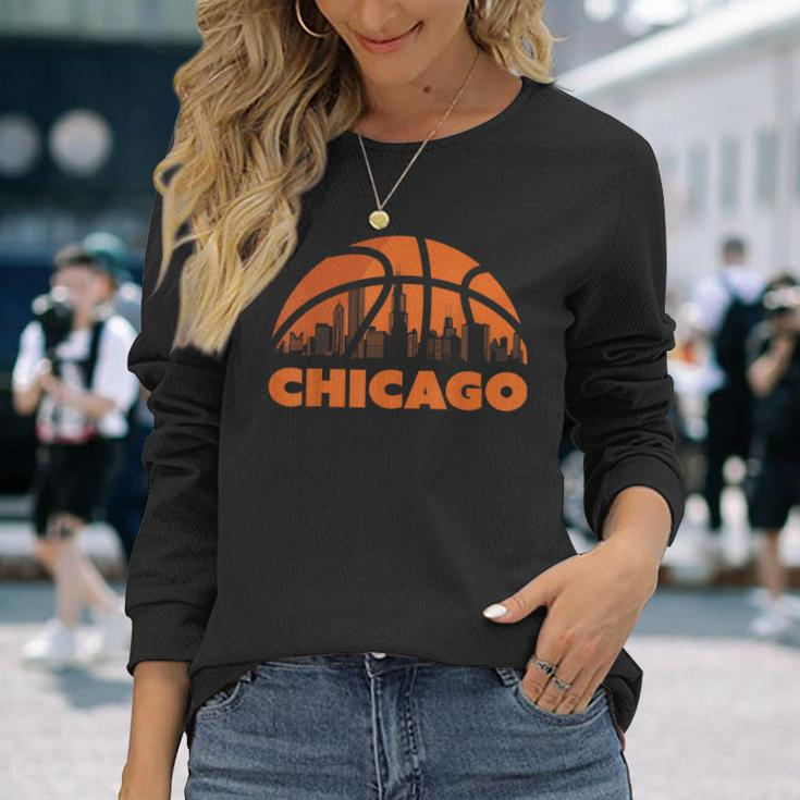 Chicago City Skyline Illinois Basketball Fan Jersey Long Sleeve T-Shirt Gifts for Her