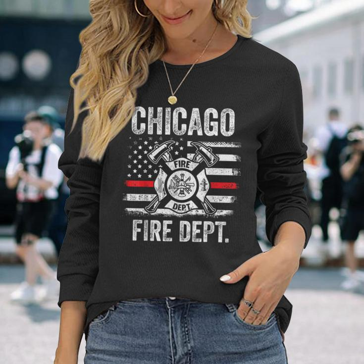 Chicago Illinois Fire Department Thin Red Line Fireman Long Sleeve T-Shirt Gifts for Her
