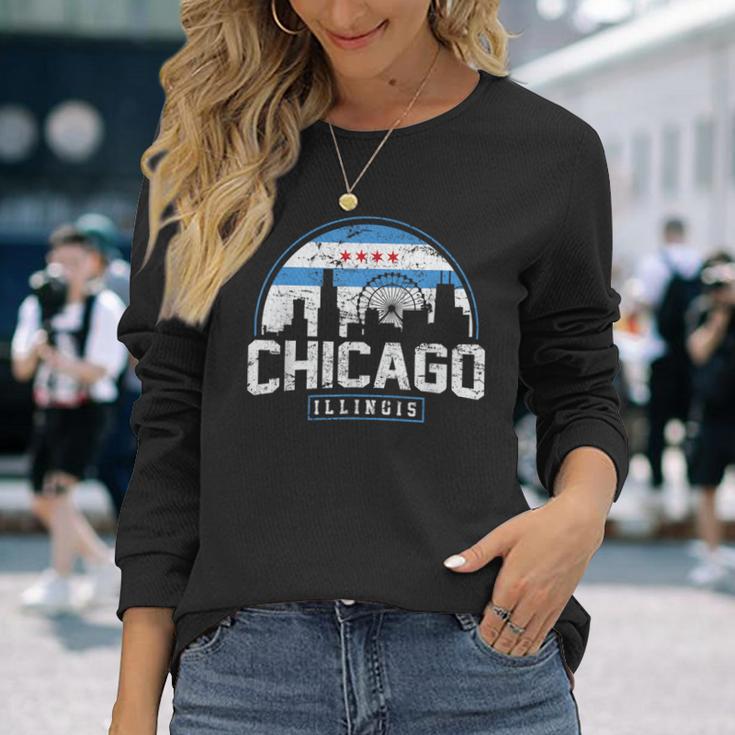 Chicago Illinois Flag Vintage Skyline Women Long Sleeve T-Shirt Gifts for Her