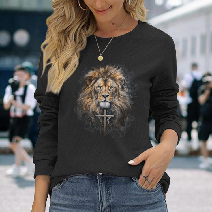 Christian Cross Lion Of Judah Religious Faith Jesus Pastor Long Sleeve T-Shirt Gifts for Her