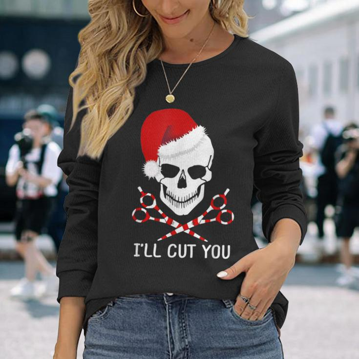 Christmas Skull Hairdresser Hair Stylist Santa Barber Long Sleeve T-Shirt Gifts for Her