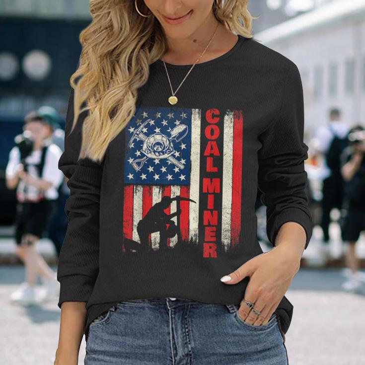 Coal Miner Patriotic Usa Flag Pitman Underground Mining Long Sleeve T-Shirt Gifts for Her