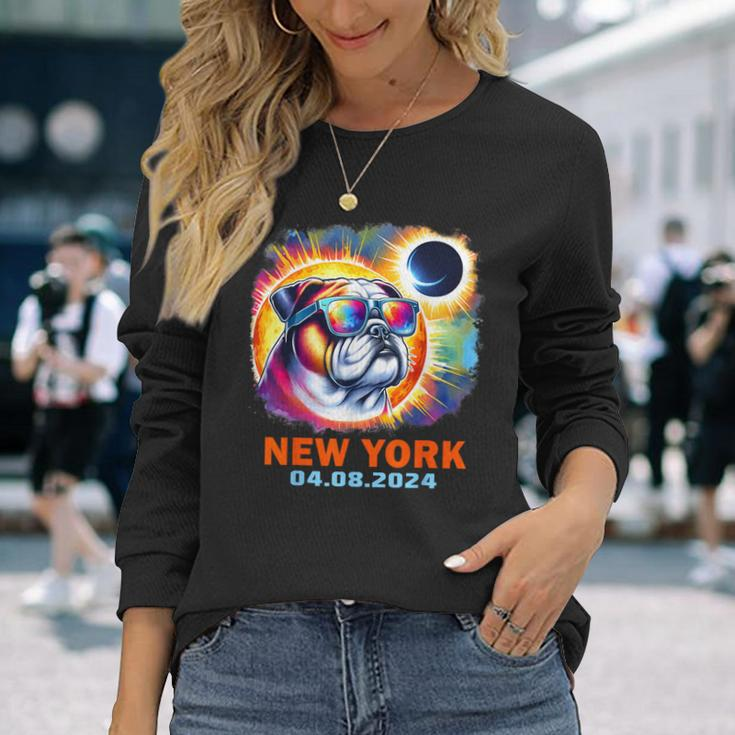 Colorful Bulldog Total Solar Eclipse 2024 New York Long Sleeve T-Shirt Gifts for Her