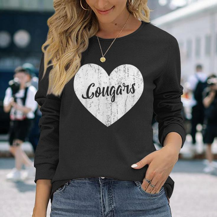 Cougars School Sports Fan Team Spirit Mascot Cute Heart Long Sleeve T-Shirt Gifts for Her