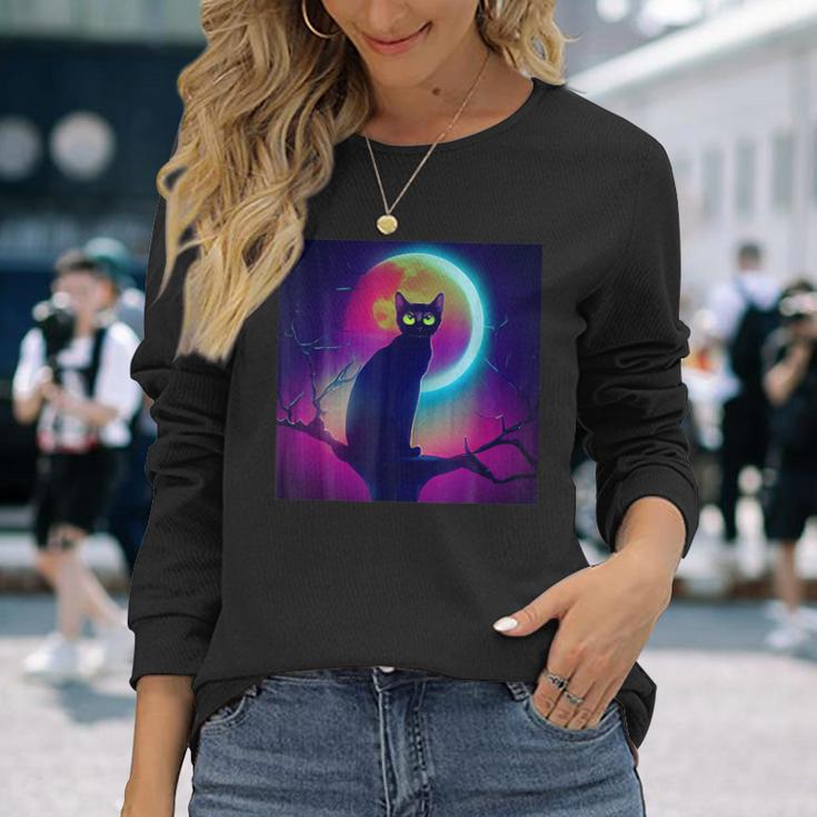 Cute Black Cat Spooky Yellow Purple Full Moon Logo Long Sleeve T-Shirt Gifts for Her