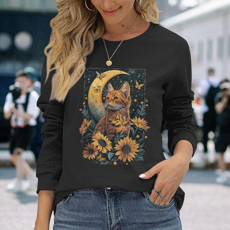 Cute Cat Full Moon Cat Cottagecore Aesthetic Long Sleeve T-Shirt Gifts for Her