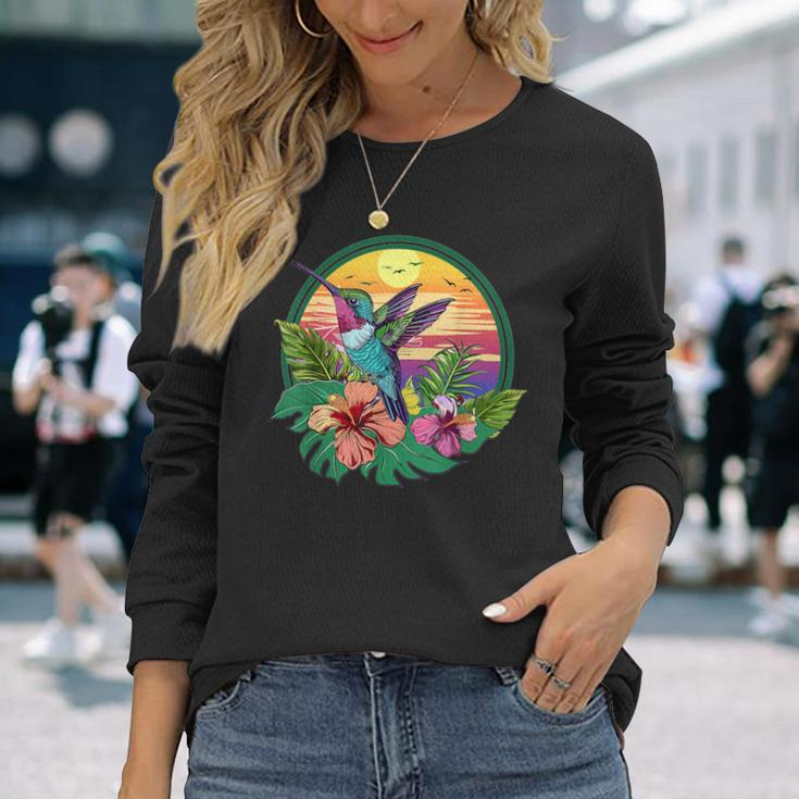Cute Hummingbird With Flowers I Aesthetic Hummingbird Long Sleeve T-Shirt Gifts for Her