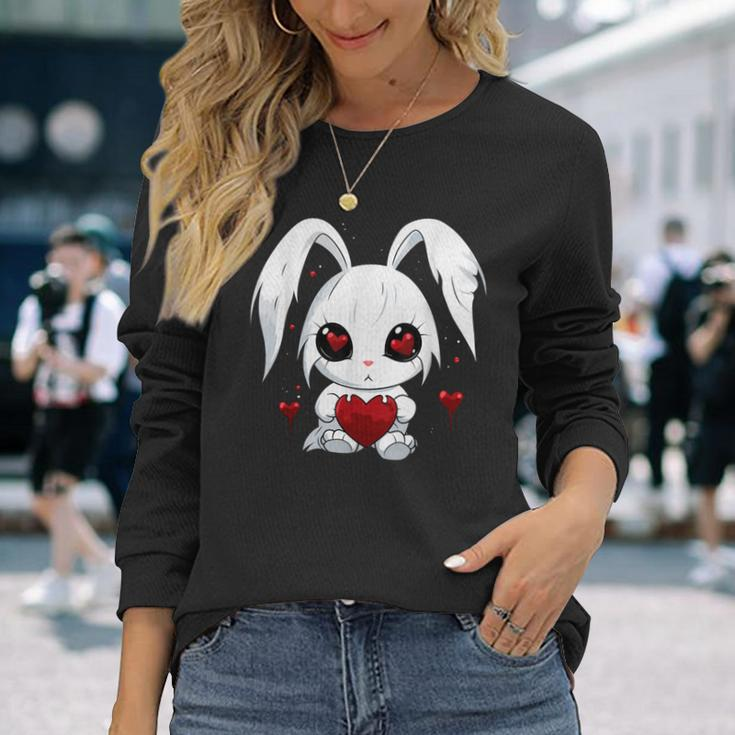 Cute Kawaii Goth Bunny Gothic White Bunny Red Heart Girls Long Sleeve T-Shirt Gifts for Her