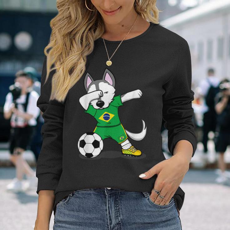 Dabbing Husky Brazil Football Fans Jersey Brazilian Soccer Long Sleeve T-Shirt Gifts for Her