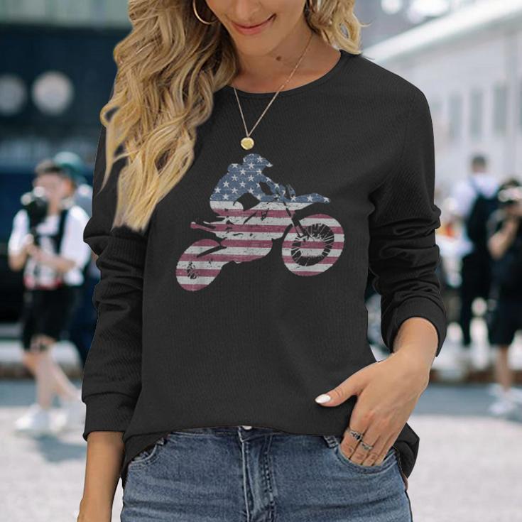 Dirt Bike Rider Vintage American Flag Love Racing Motorcycle Long Sleeve T-Shirt Gifts for Her