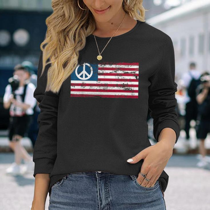 Distressed American Usa Flag With Peace Sign Long Sleeve T-Shirt Gifts for Her