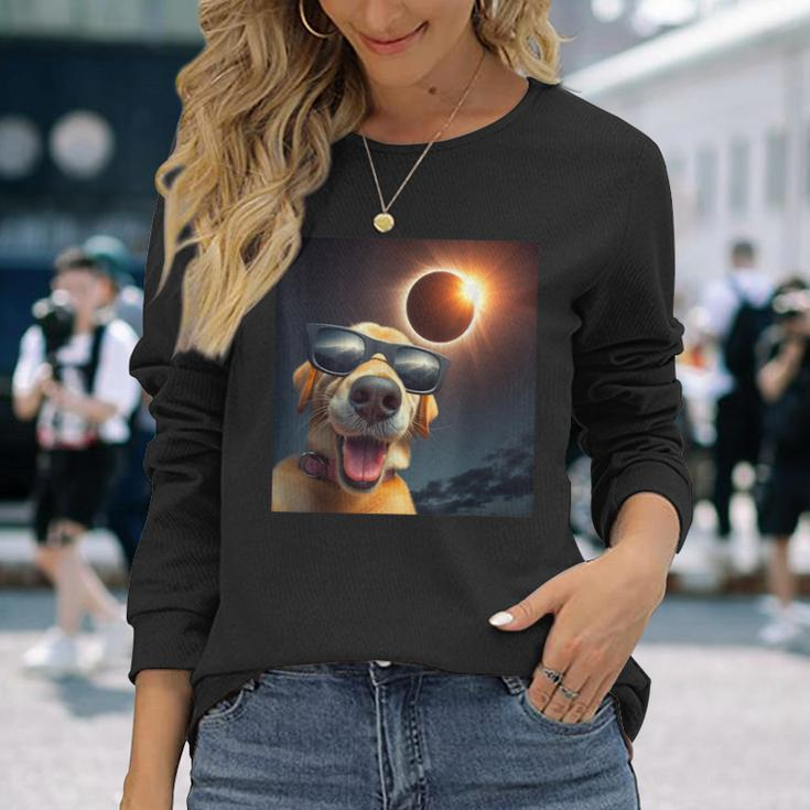 Dog Selfie Solar Eclipse Wearing Glasses Dog Lovers Long Sleeve T-Shirt Gifts for Her