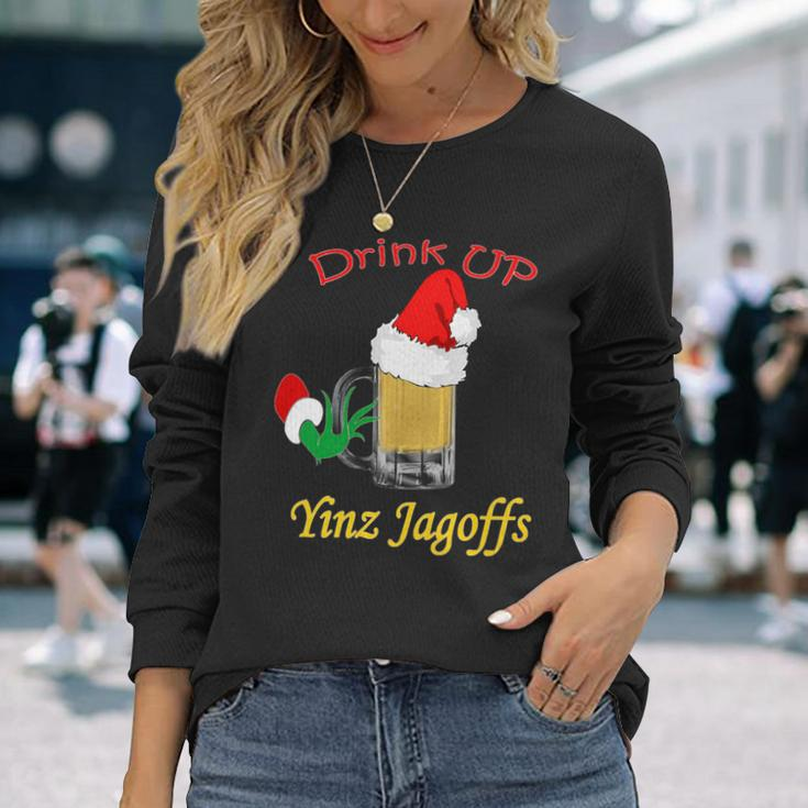 Drink Up Yinz Jagoffs Beer With Santa Hat Pittsburgh Theme Long Sleeve T-Shirt Gifts for Her