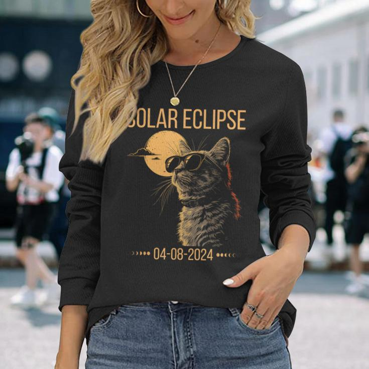 Eclipse Cat 2024 Solar Cat Totality Eclipse Solar 2024 Cat Long Sleeve T-Shirt Gifts for Her