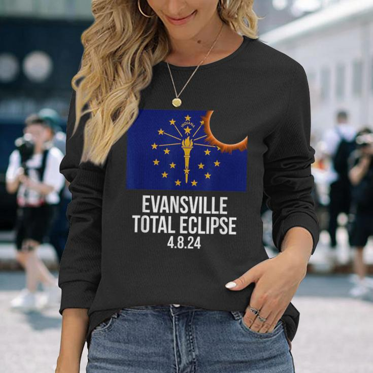 Evansville Indiana Eclipse 2024 Evansville Indiana Flag Long Sleeve T-Shirt Gifts for Her