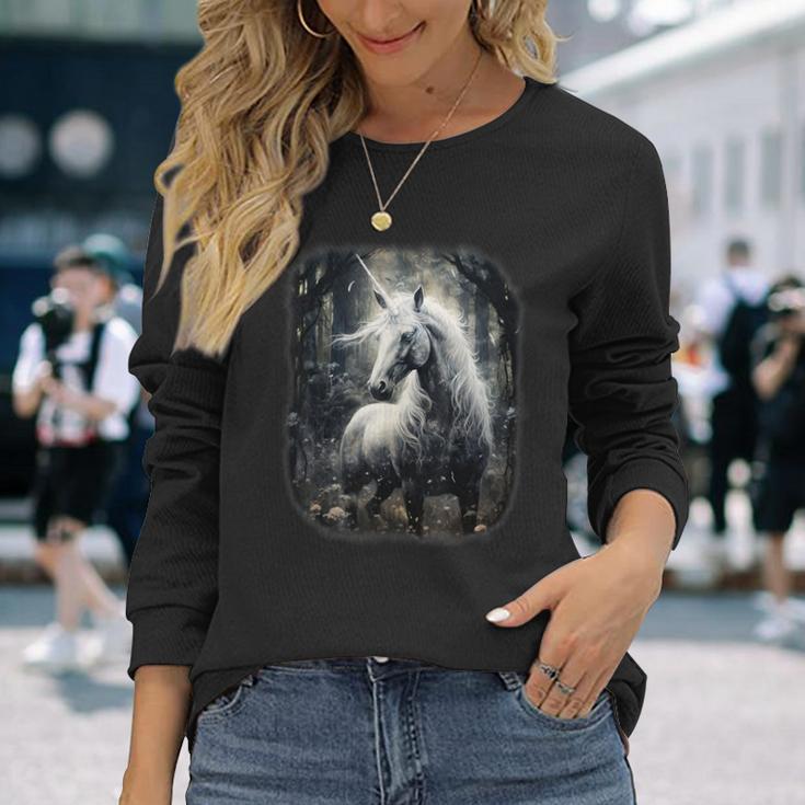 Fantasy White Unicorn Standing In A Forest Long Sleeve T-Shirt Gifts for Her