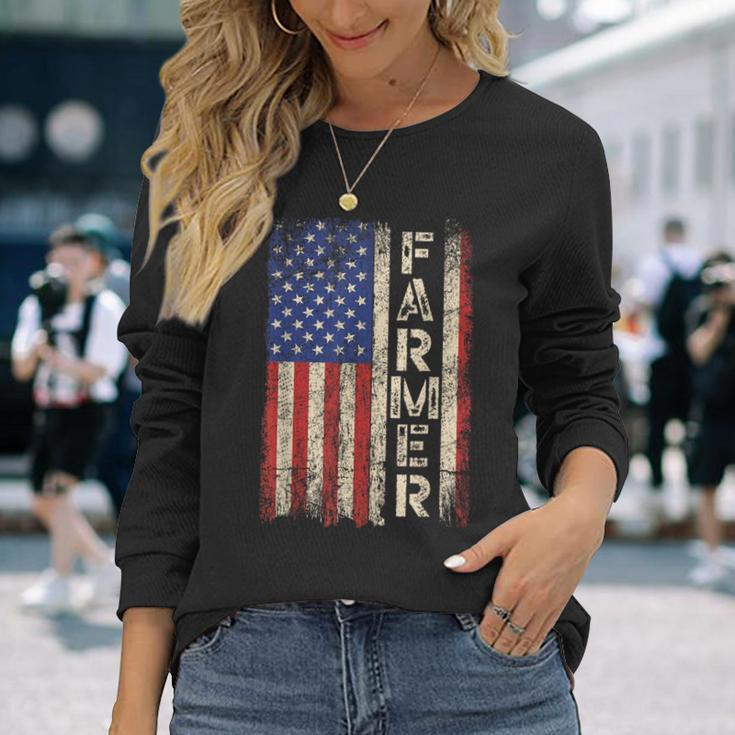 Farmer Tractors Usa American Flag Patriotic Farming Men Long Sleeve T-Shirt Gifts for Her