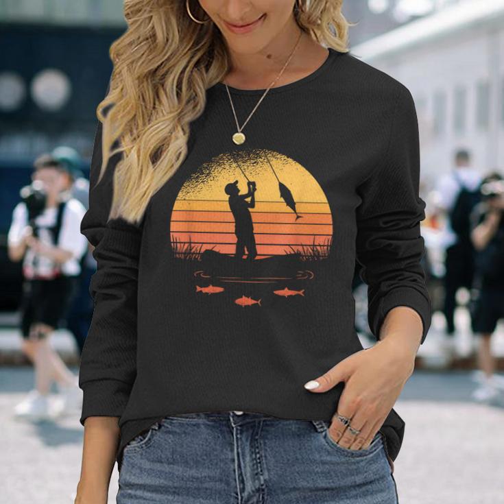 Fisherman Fisher Fishing Sunset Retro Vintage Long Sleeve T-Shirt Gifts for Her