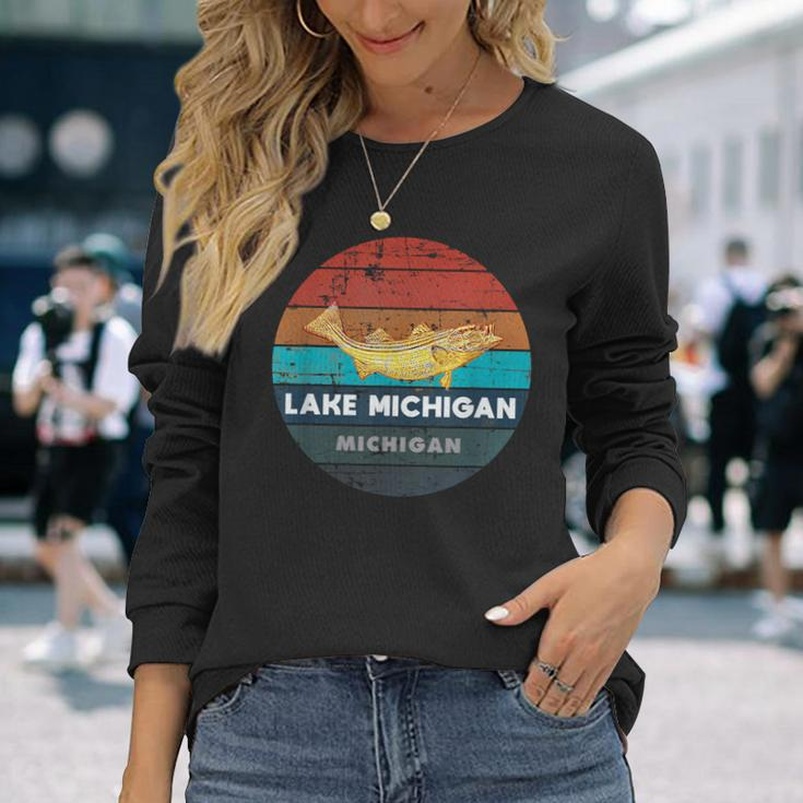 Flying Fishing Bass Salmon Fish Trout Lake Michigan Retro Long Sleeve T-Shirt Gifts for Her