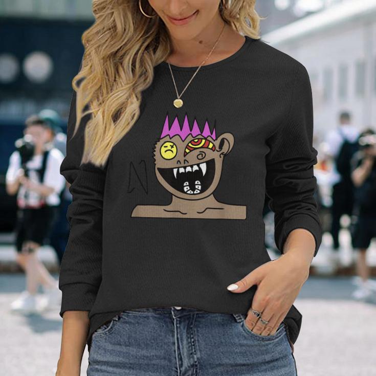 Funky Monster Gesicht Langarmshirts Schwarz mit Farbakzenten Geschenke für Sie