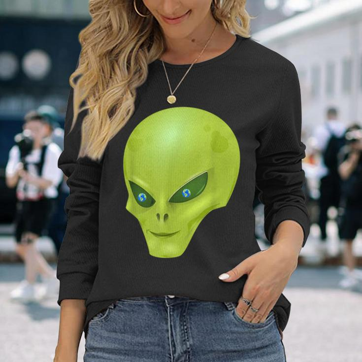 Alien With Earth Eyeballs Ufo Spaceship Novelty Long Sleeve T-Shirt Gifts for Her