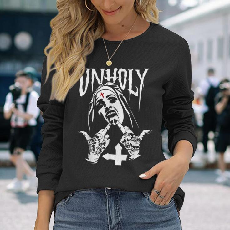 Horror Unholy Nun Occult Gothic Satanic Nun Tattoos Long Sleeve T-Shirt Gifts for Her