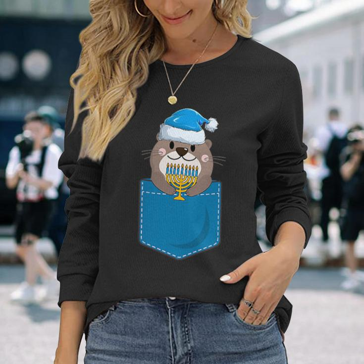 Jewish Otter Santa Menorah In Pocket Hanukkah Pajamas Long Sleeve T-Shirt Gifts for Her